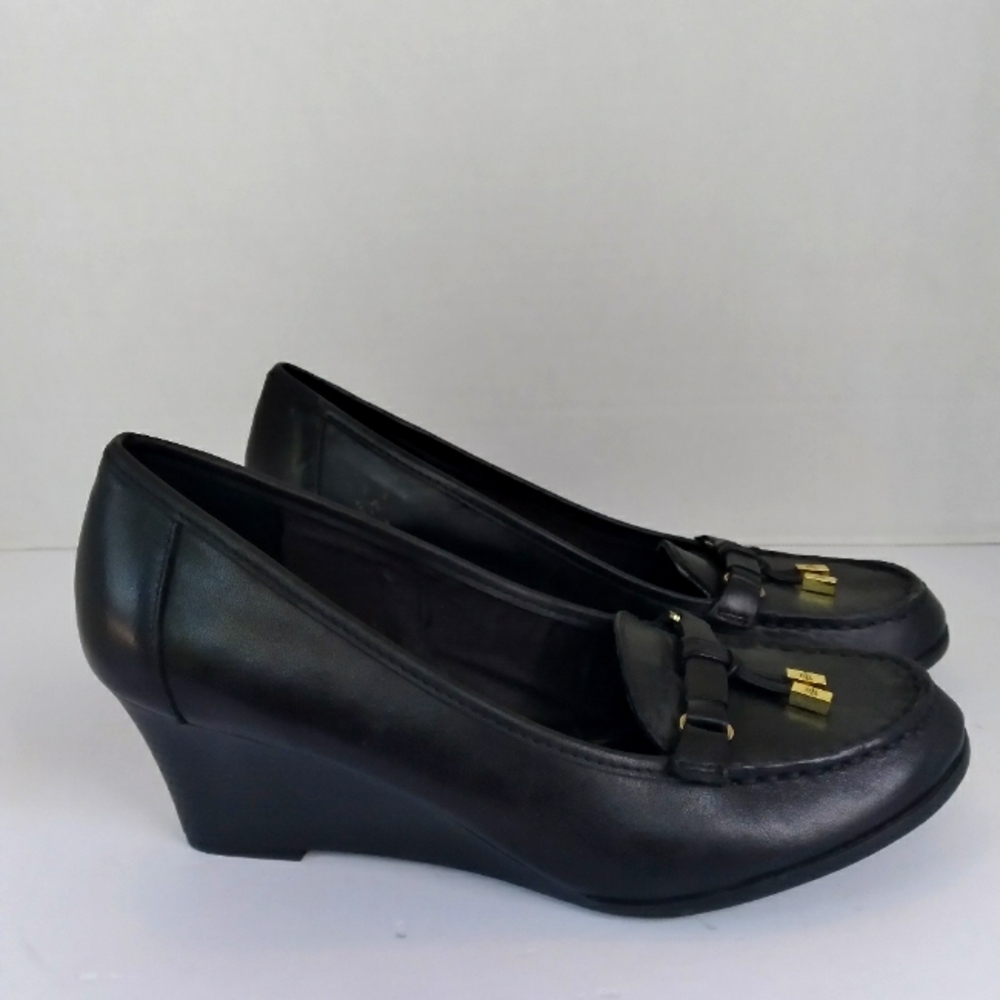Lauren Ralph Lauren Black Leather Wedge Loafer Heel‎ Pumps Shoes Size 8